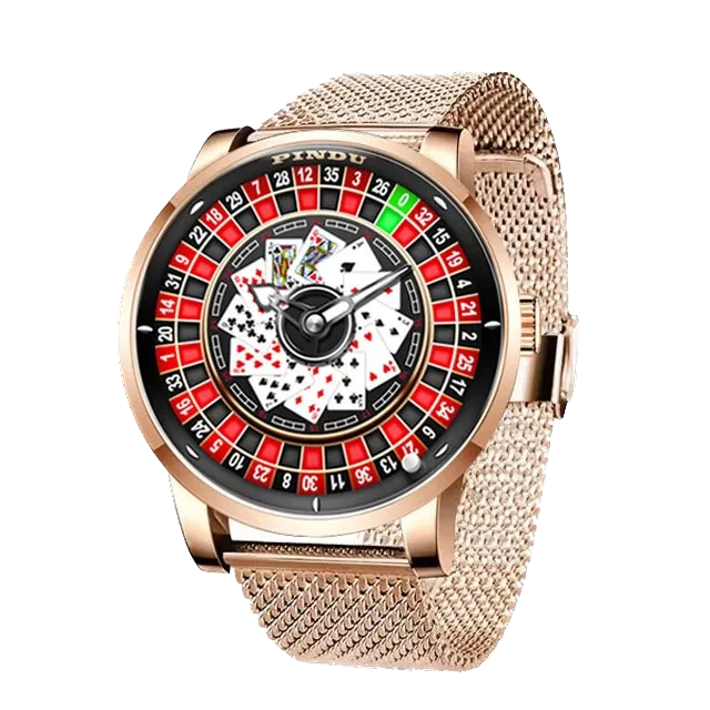 Pindu NH35A rotary roulette mechanical watch with rose gold case and rose gold mesh bracelet, red and black roulette dial with playing card motif, automatic self-winding movement and sapphire crystal.