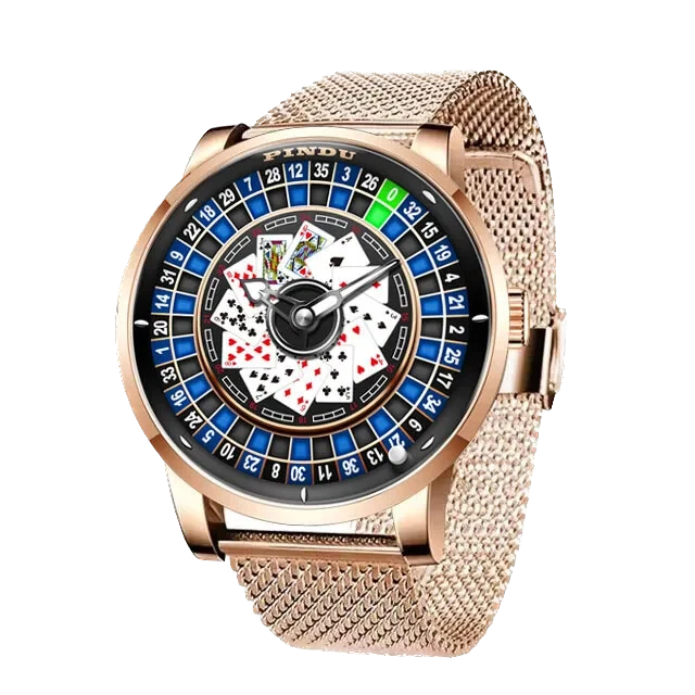 Pindu NH35A rotary roulette mechanical watch with rose gold case and rose gold mesh bracelet, roulette dial with playing card motifs and automatic movement.