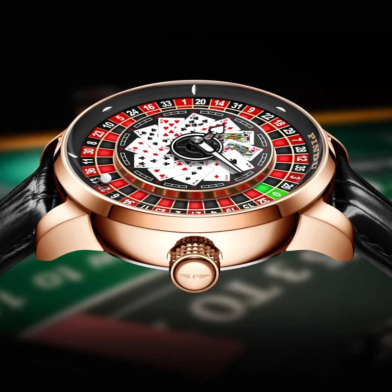 Side view of Pindu NH35A Rotary Roulette mechanical watch with rose gold case, black leather strap, playing card roulette dial and polished crown, set against a green casino table background.