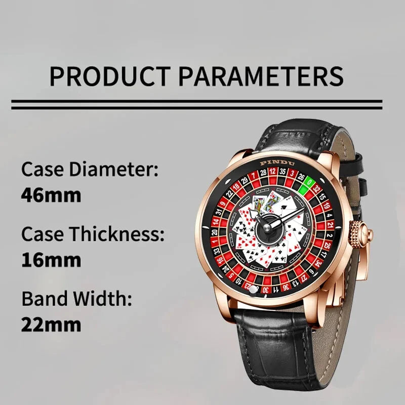 Specification chart for Pindu NH35A rotary roulette mechanical watch showing case diameter 46mm, case thickness 16mm, band width 22mm, with image of the watch featuring rose gold case, black leather strap, and roulette dial with playing card motifs.