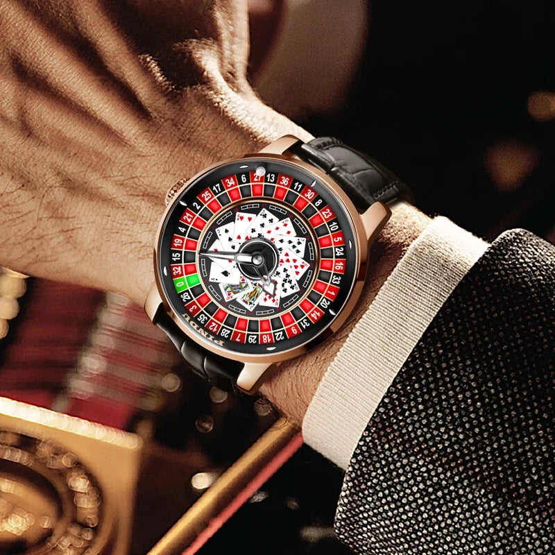 Wrist shot of Pindu NH35A Rotary Roulette mechanical watch featuring rose gold case, black leather strap, playing card roulette dial with visible automatic movement, and blurred bokeh background.