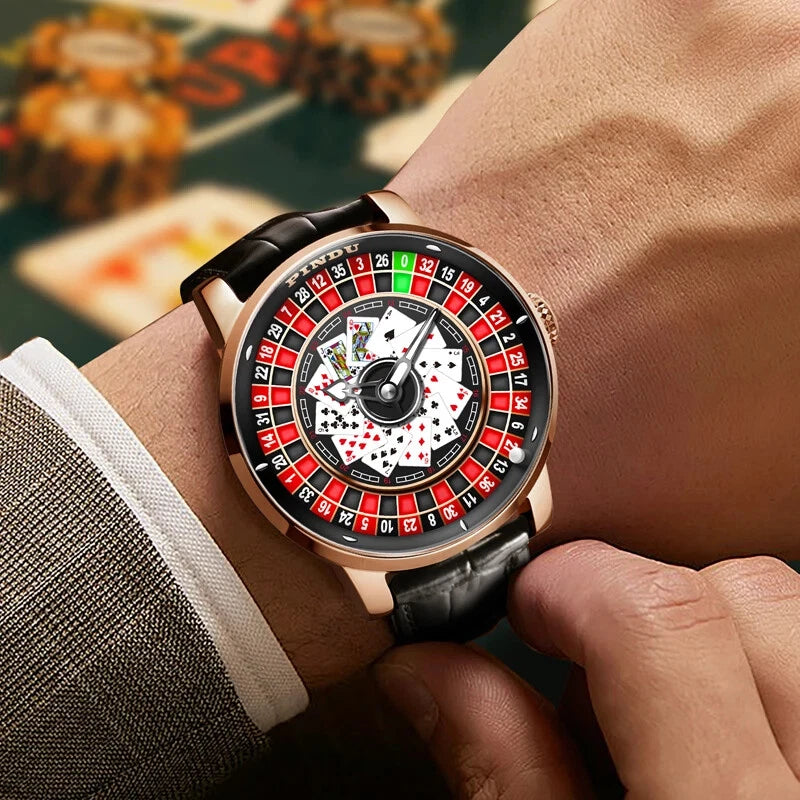 Pindu NH35A rotary roulette mechanical watch with rose gold case, black leather strap, playing card roulette dial, visible automatic movement, and blurred casino table background.