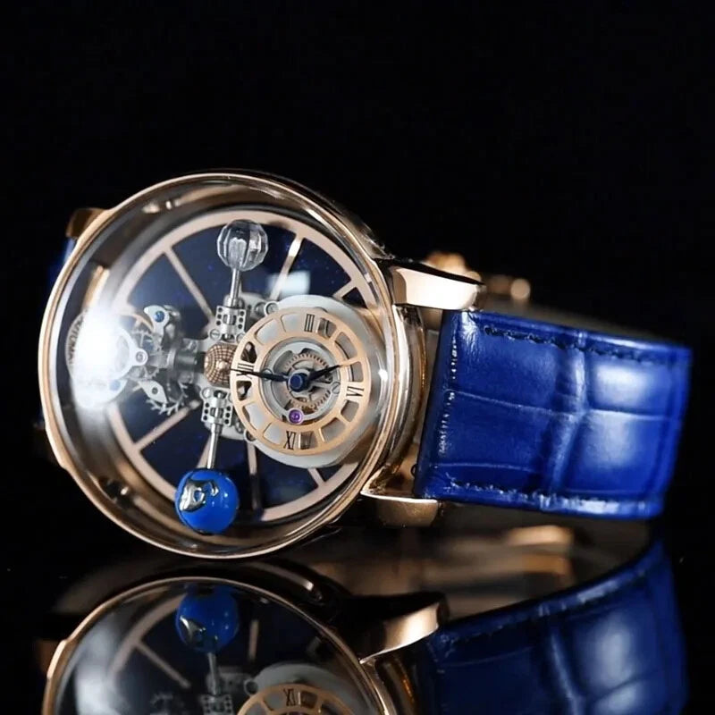 Side view of Pindu P5015 celestial tourbillon watch featuring rose gold case, skeleton dial and starry sky design, blue leather strap, and mechanical movement.