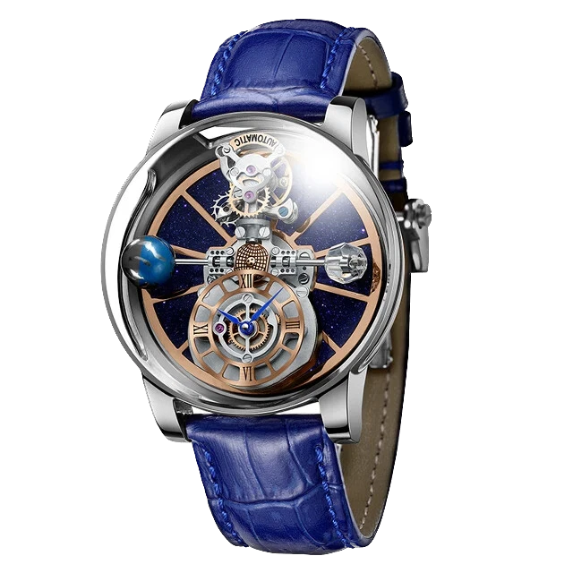 Front view of Pindu P5015 celestial tourbillon mechanical watch with polished silver case, blue leather strap, skeleton dial featuring starry night sky background, miniature planet decoration, and rose gold accents.