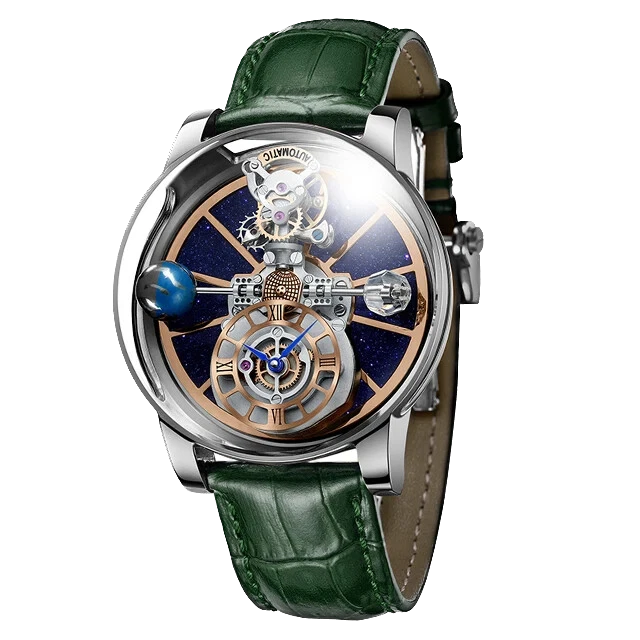 Pindu P5015 celestial tourbillon mechanical watch with skeleton dial, starry night sky background, miniature planet decoration, polished silver case and green leather strap.
