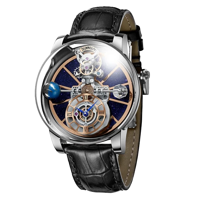 Pindu P5015 celestial tourbillon mechanical watch with skeleton dial, starry night sky background and miniature planet decoration, shown in side view with polished silver case and black leather strap.