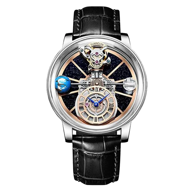 Pindu P5015 celestial tourbillon mechanical watch with skeleton dial, starry sky background, miniature planet decoration, polished silver case and black leather strap.