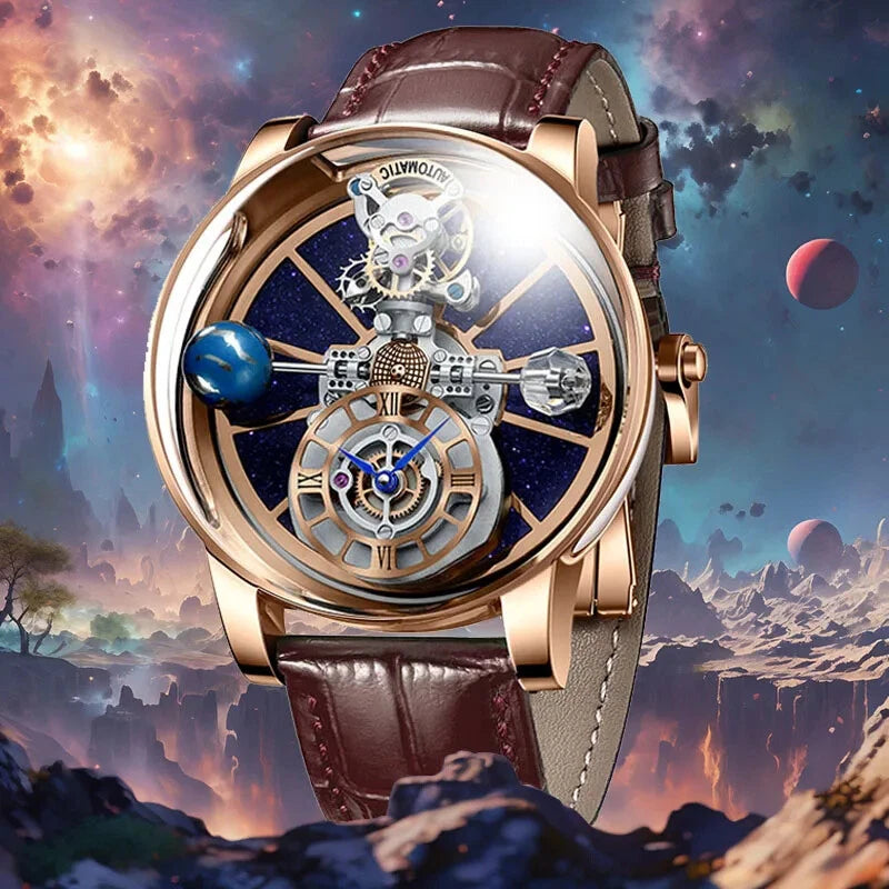 Pindu P5015 celestial tourbillon watch with rose gold case, brown leather strap, skeleton dial and starry sky design, shown against a cosmic landscape background.