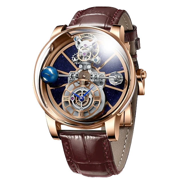 Pindu P5015 celestial tourbillon watch with skeleton dial and starry sky design, rose gold case, brown leather strap, and mechanical movement.
