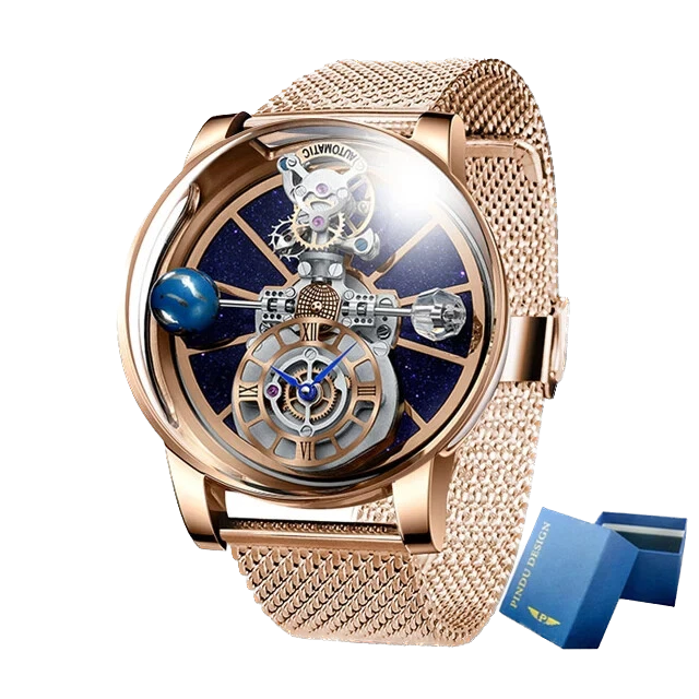 Pindu P5015 celestial tourbillon watch with rose gold mesh bracelet, skeleton dial and starry sky design, mechanical movement.