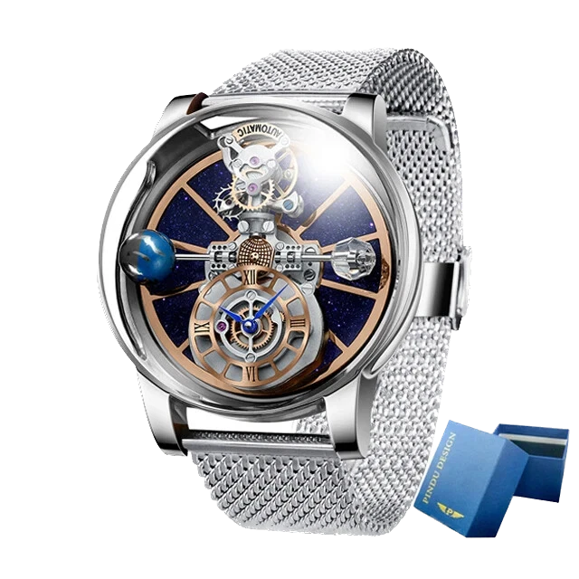 Front view of Pindu P5015 celestial tourbillon watch with silver case and silver mesh bracelet, skeleton dial and starry sky design, mechanical movement.