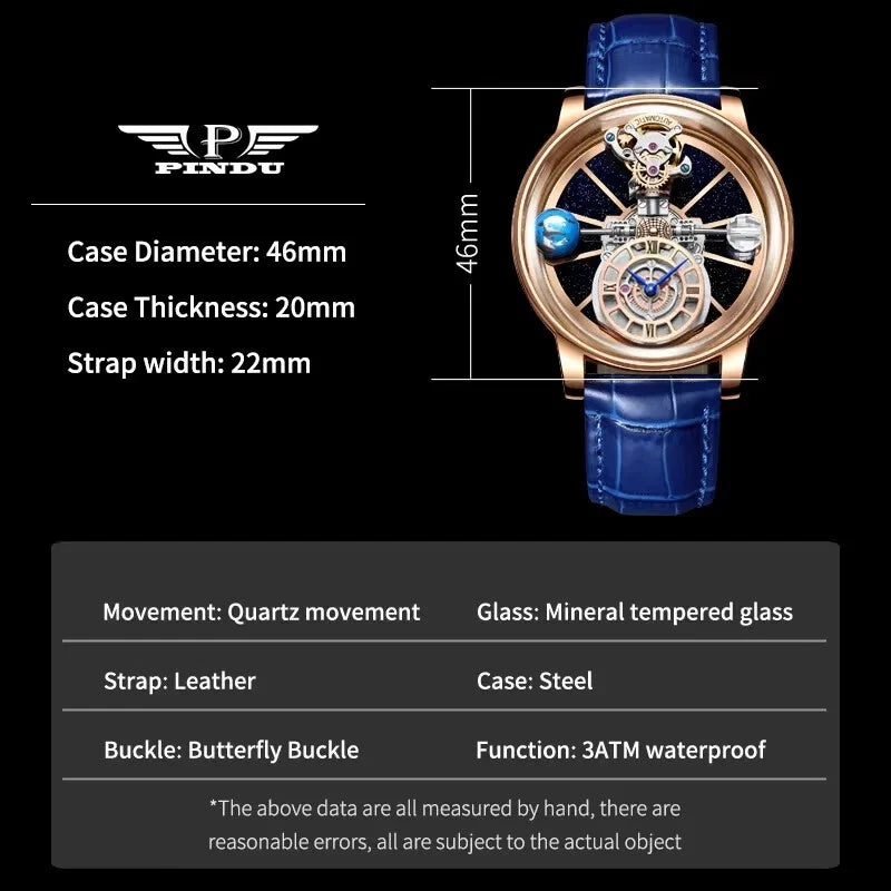 Specification chart for Pindu P5015 celestial tourbillon watch: case diameter 46mm, case thickness 20mm, strap width 22mm, quartz movement, mineral tempered glass, steel case, leather strap, butterfly buckle and 3ATM water resistance. Includes diagram of watch with blue leather strap, skeleton dial featuring starry sky design and miniature planet.