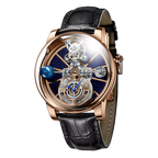 PINDU P5015 Celestial Tourbillon watch with rose gold case, blue skeleton dial and black leather strap, front view