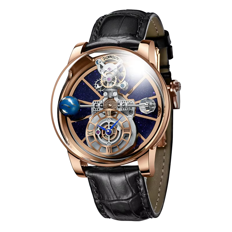 PINDU P5015 Celestial Tourbillon watch with rose gold case, blue skeleton dial and black leather strap, front view