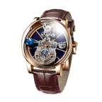 PINDU P5015 Celestial Tourbillon watch with rose gold case, blue skeleton dial and brown leather strap, front view