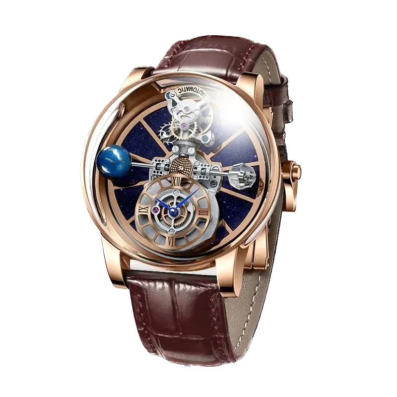 PINDU P5015 Celestial Tourbillon watch with rose gold case, blue skeleton dial and brown leather strap, front view