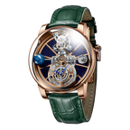 PINDU P5015 Celestial Tourbillon watch with rose gold case, blue skeleton dial and green leather strap, front view