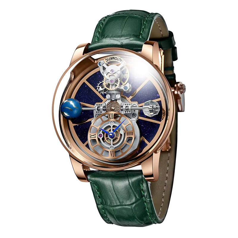 PINDU P5015 Celestial Tourbillon watch with rose gold case, blue skeleton dial and green leather strap, front view