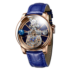 PINDU P5015 Celestial Tourbillon watch with rose gold case, blue skeleton dial and blue leather strap, front view
