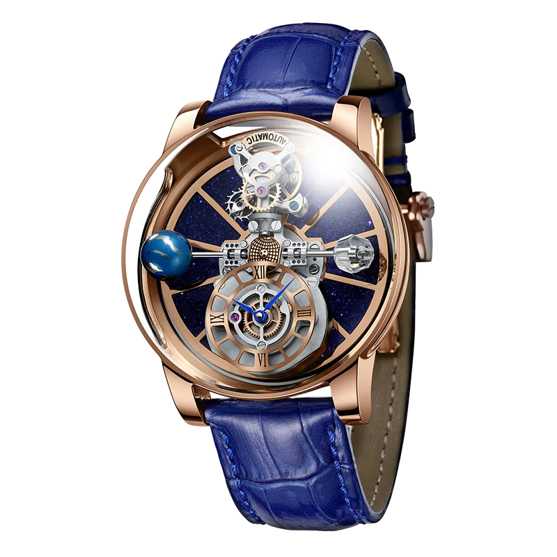 PINDU P5015 Celestial Tourbillon watch with rose gold case, blue skeleton dial and blue leather strap, front view