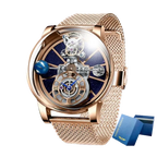 PINDU P5015 Celestial Tourbillon watch with rose gold case, blue skeleton dial and gold mesh bracelet, front view