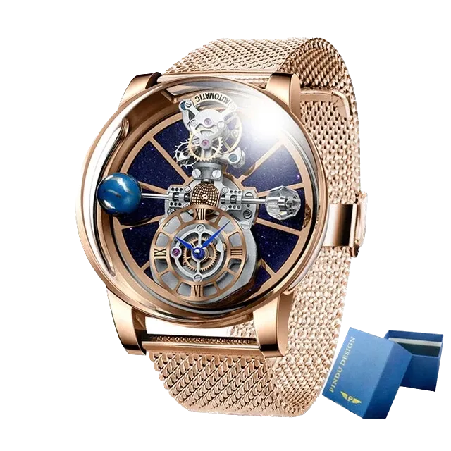 PINDU P5015 Celestial Tourbillon watch with rose gold case, blue skeleton dial and gold mesh bracelet, front view