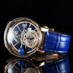 PINDU P5015 Celestial Tourbillon watch side view with rose gold case, blue skeleton dial and blue leather strap