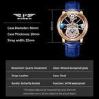 PINDU P5015 Celestial Tourbillon watch product parameters with 46mm case, leather strap and 3ATM specifications