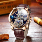 PINDU P5015 Celestial Tourbillon rose gold men's watch with blue skeleton dial and brown leather strap