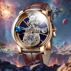 PINDU P5015 Celestial Tourbillon rose gold men's watch with blue skeleton dial and brown strap