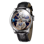 PINDU P5015 Celestial Tourbillon watch with silver case, blue skeleton dial and black leather strap, front view