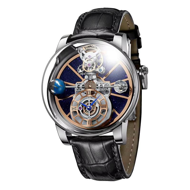PINDU P5015 Celestial Tourbillon watch with silver case, blue skeleton dial and black leather strap, front view