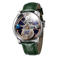 PINDU P5015 Celestial Tourbillon watch with silver case, blue skeleton dial and green leather strap, front view