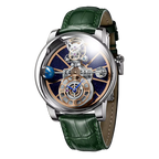 PINDU P5015 Celestial Tourbillon watch with silver case, blue skeleton dial and green leather strap, front view