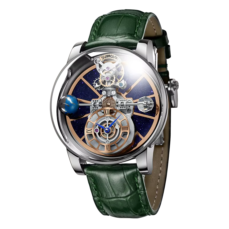 PINDU P5015 Celestial Tourbillon watch with silver case, blue skeleton dial and green leather strap, front view
