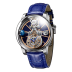 PINDU P5015 Celestial Tourbillon watch with silver case, blue skeleton dial and blue leather strap, front view