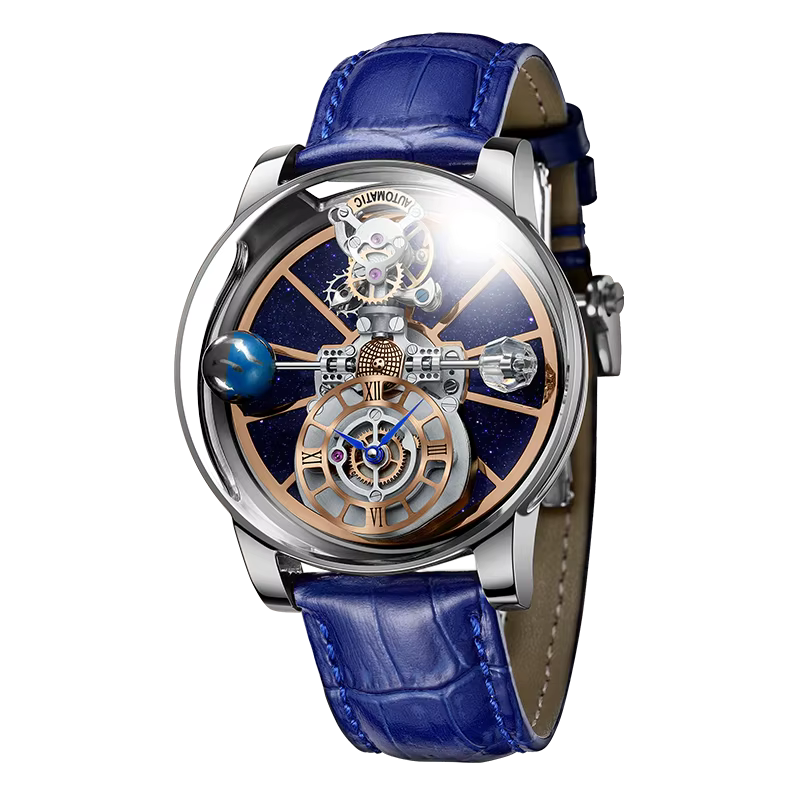 PINDU P5015 Celestial Tourbillon watch with silver case, blue skeleton dial and blue leather strap, front view