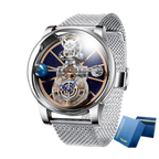 PINDU P5015 Celestial Tourbillon watch with silver case, blue skeleton dial and silver mesh bracelet, front view