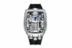 PINDU P5023 skeleton tonneau automatic, steel case and blue hands on a black silicone strap