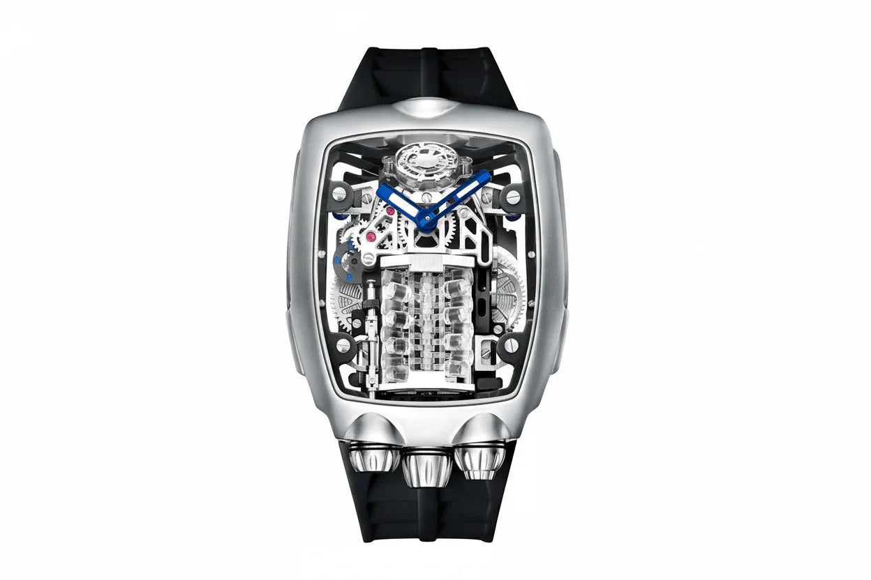 PINDU P5023 skeleton tonneau automatic, steel case and blue hands on a black silicone strap