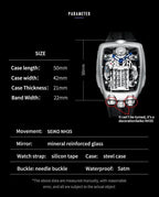 PINDU P5023 spec sheet: 50mm case, 21mm thick, Seiko NH35, mineral glass, 5ATM, silicone band