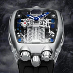 PINDU P5023 close-up of the engine-block skeleton dial, blue hands and triple crowns