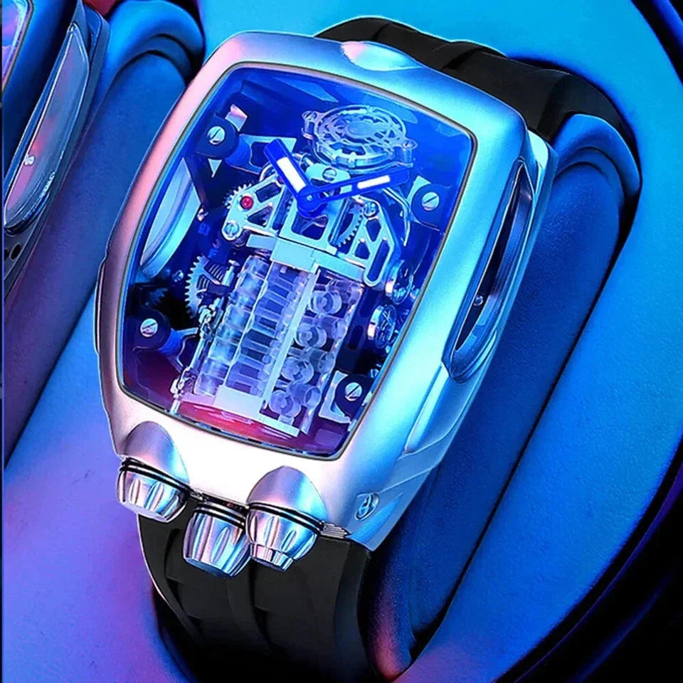 PINDU P5023 skeleton dial glowing under neon blue light, steel tonneau case, black strap