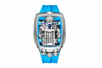 PINDU P5023 steel tonneau engine skeleton watch, blue dial, cyan silicone strap, front view