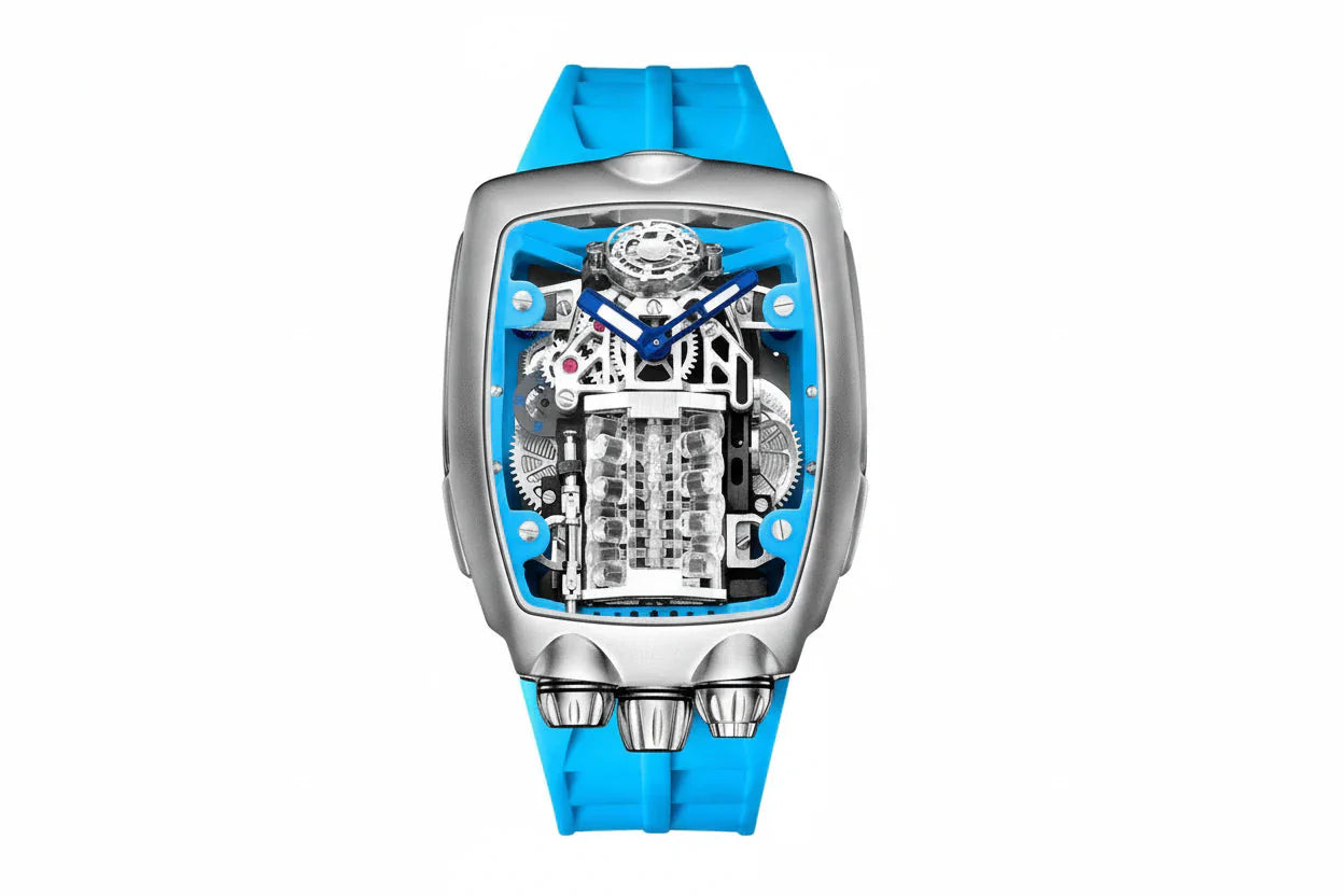PINDU P5023 steel tonneau engine skeleton watch, blue dial, cyan silicone strap, front view