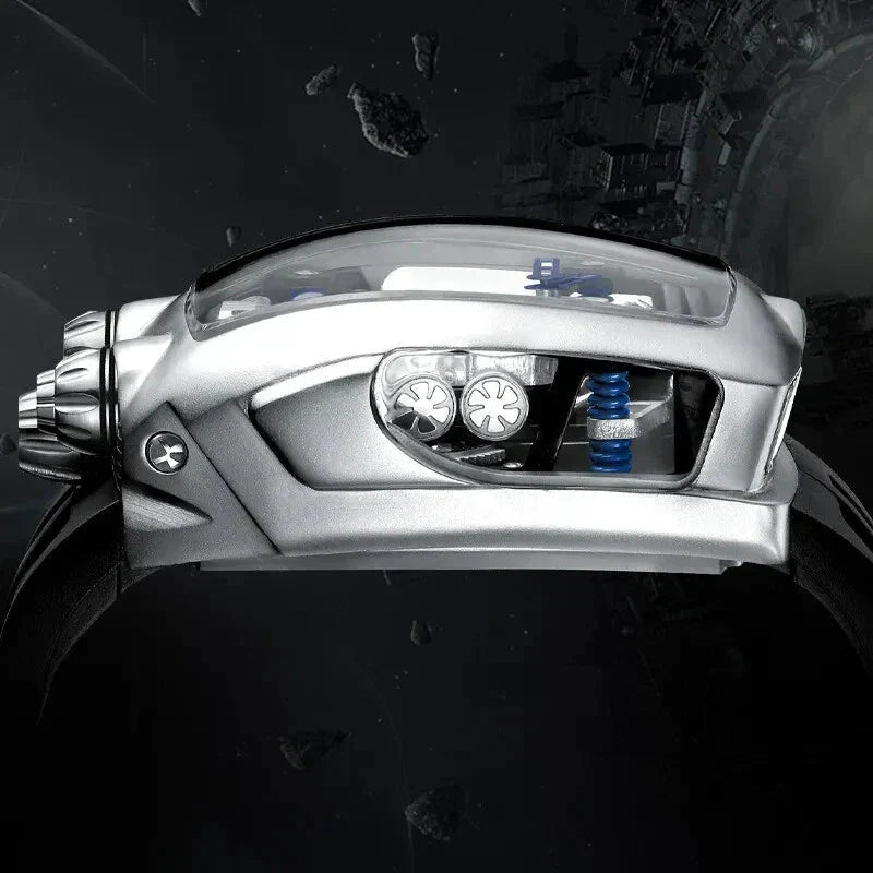 PINDU P5023 side profile showing the sculpted steel case flank and blue suspension spring