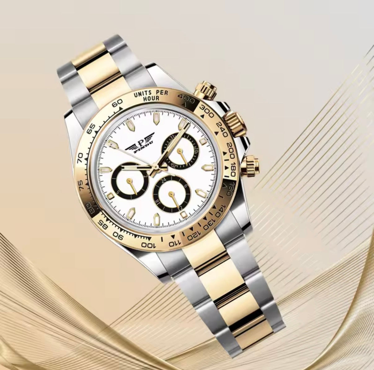 PINDU P6589 white dial two-tone chronograph angled against a soft champagne swirl backdrop