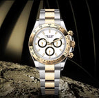 PINDU P6589 white dial chronograph displayed above a lunar landscape backdrop