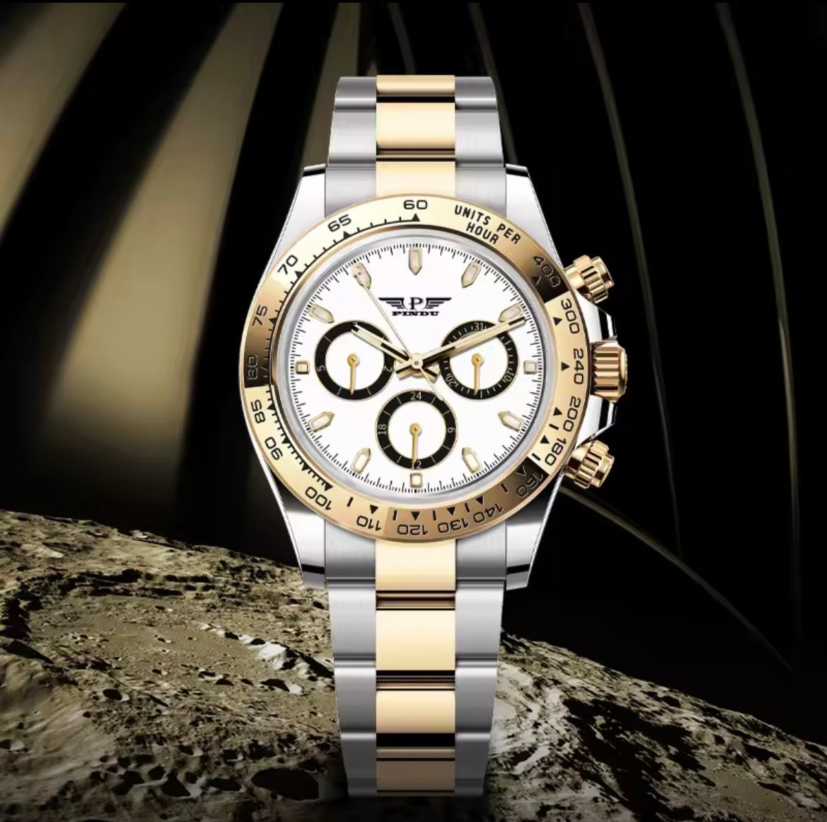 PINDU P6589 white dial chronograph displayed above a lunar landscape backdrop