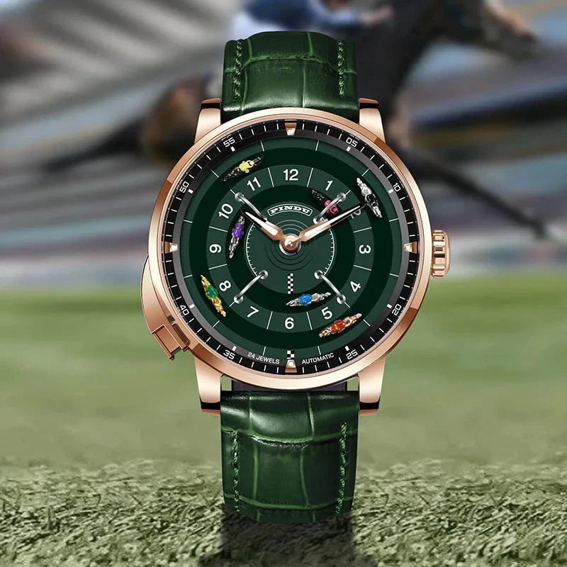 PINDU P6652 Horse Gambling Series Men's Automatic Racing Roulette Watch, shown on wrist